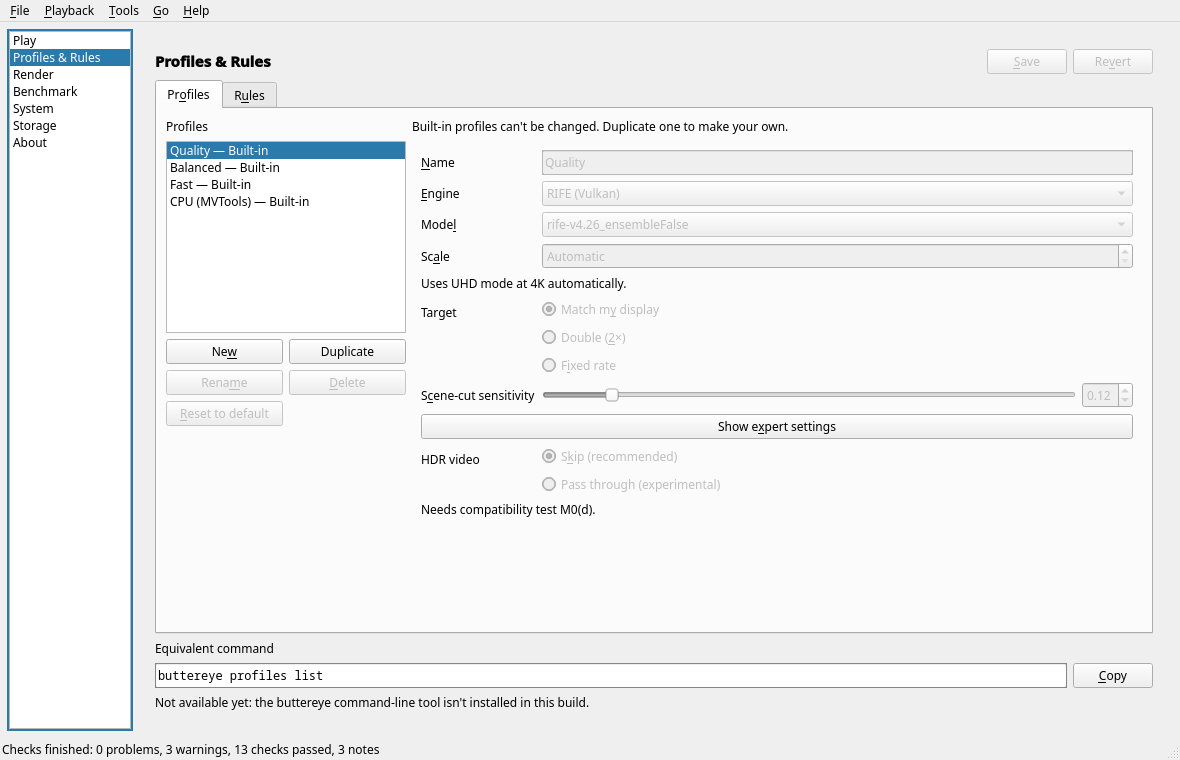 Profiles & Rules (classic window): built-in Quality, Balanced, Fast and CPU profiles
