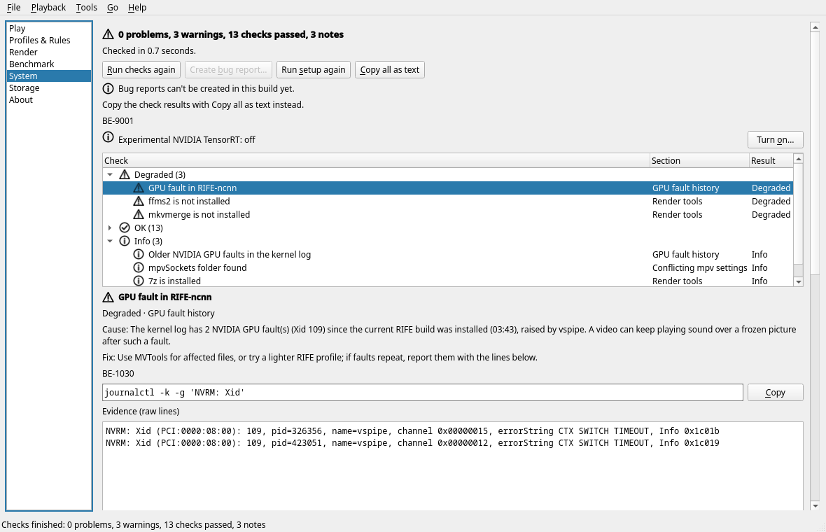 System checks (classic window): causes, fixes and raw evidence for each finding